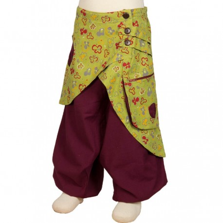 Girl afghan trousers skirt lemon green and purple 8years