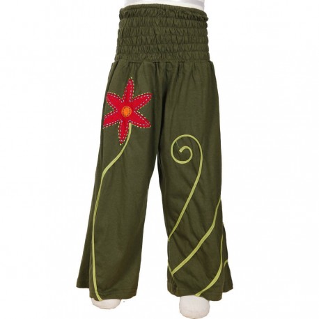 Pantalon chica etnico flor verde caqui