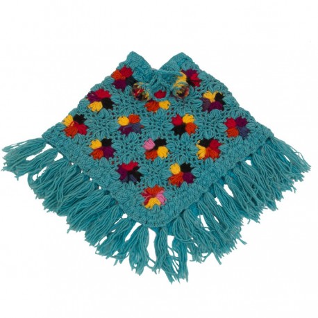 Girl poncho wool crochet turquoise 3-4years