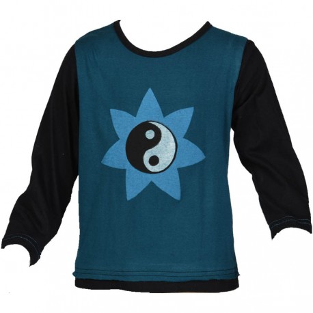 Teeshirt ethnique enfant Yin Yang bleu pétrole et noir