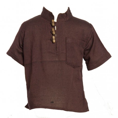 Camisa etnica mangas cortas cuelloMao unida marron