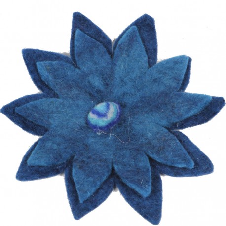 Broche ethnique laine bouillie grande tulipe spirale bleue