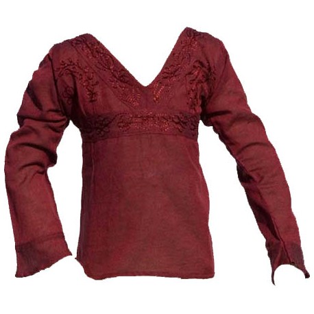 Embroidered tunic long sleeves collarV darkred